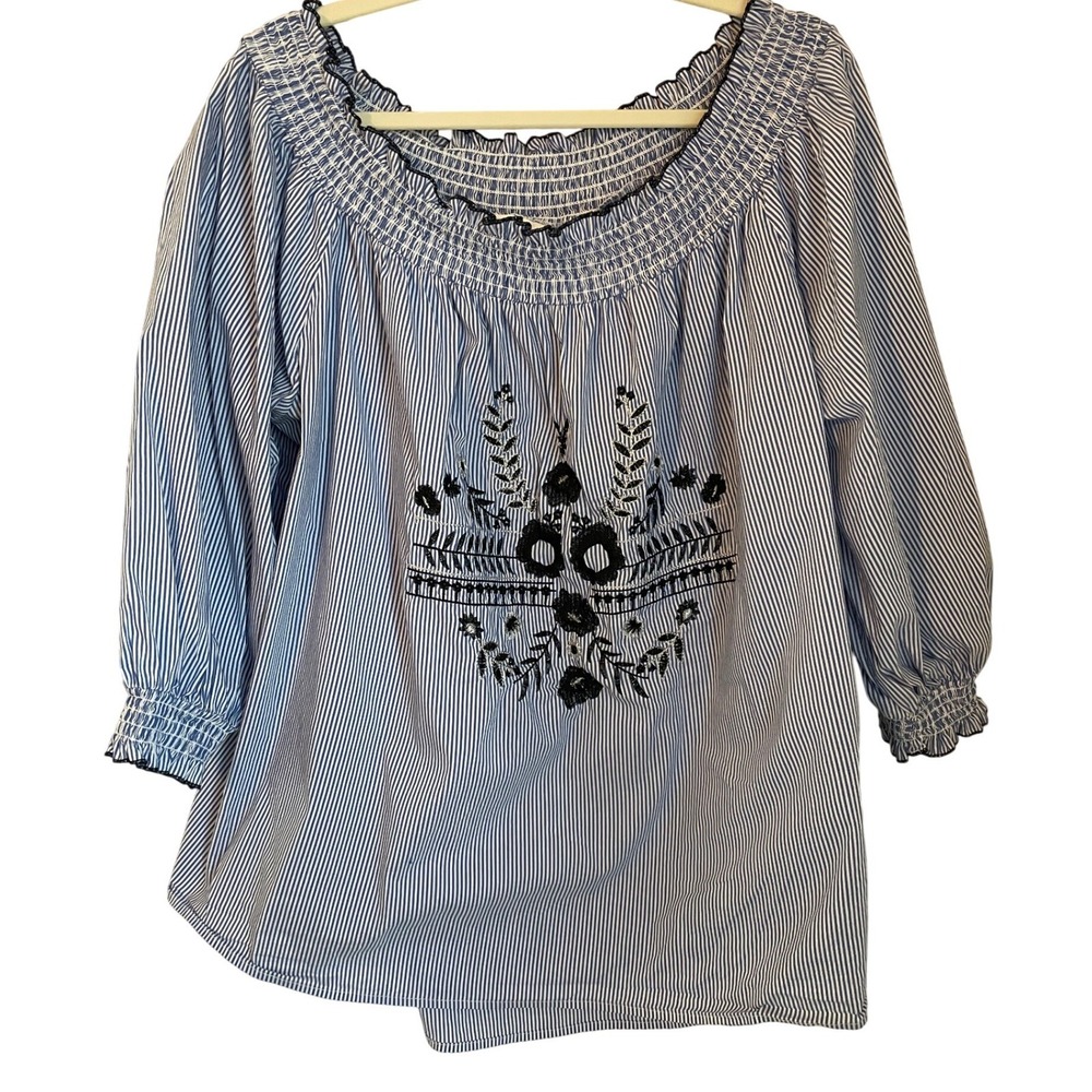 Grand &‎ Greene 2X Blue White Stripe Floral Embroidered Top On/Off Shoulder